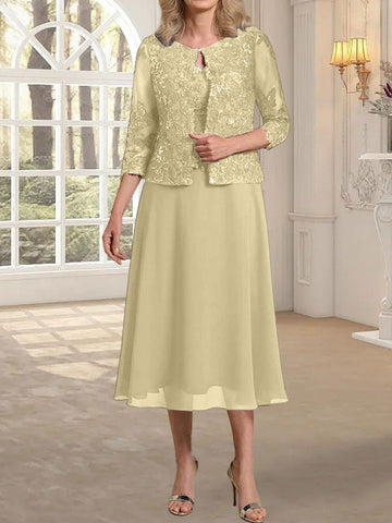A-line Scoop Tea-Length Lace Chiffon Mother of the Bride Dress With Sequins