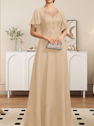 A-line Scoop Illusion Floor-Length Lace Chiffon Mother of the Bride Dress With Sequins