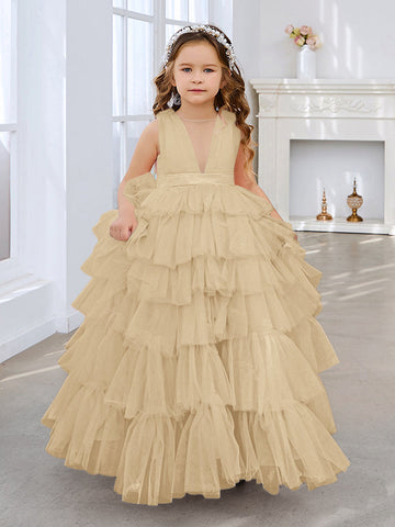 Ball-Gown/Princess Pearl Pink Sleeveless Tulle Bow Flower Girl Dress