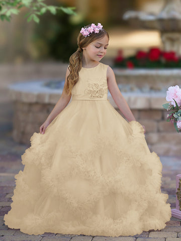 A-line Satin Tulle Floor-length Cascading Ruffles Flower Girl Dress