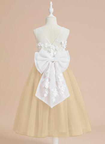 Floral Lace and Large Bow Tea-length Dress