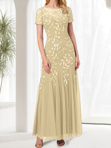 Vestido largo azul de sirena con cuello redondo para la madre de la novia con pedrería