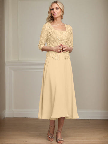 A-line Square Tea-Length Chiffon Lace Mother of the Bride Dress With Sequins Beading