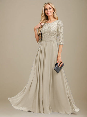 A-Line Scoop Floor-Length Lace Chiffon Mother Of the Bride Dress With Sequins Applique
