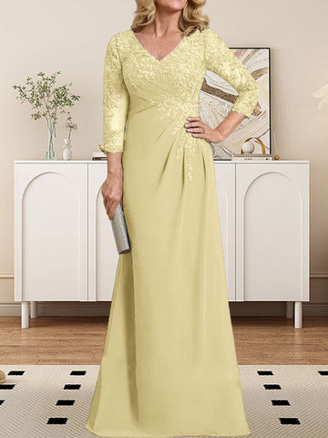 Sheath/Column V-Neck Illusion Floor-Length Lace Chiffon Mother of the Bride Dress With Pleated Sequins