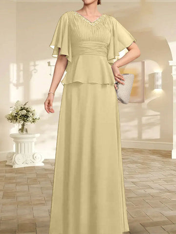 A-line V-Neck Floor-Length Chiffon Mother of the Bride Dress With Pleated Beading