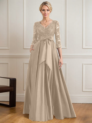 A-line V-Neck Floor-Length Satin Lace Mother of the Bride Dress With Sequins Bow
