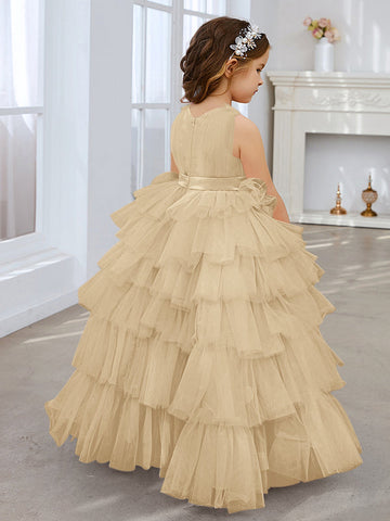 Ball-Gown/Princess Pearl Pink Sleeveless Tulle Bow Flower Girl Dress