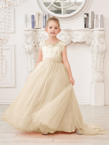 A-line Lace Tulle Sweep Train Pink Flower Girl Dress