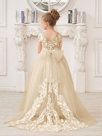 A-line Lace Tulle Sweep Train Pink Flower Girl Dress