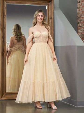 A-Line Champagne Tulle Sweetheart Tea-Length Prom Dress