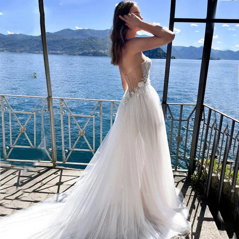 Charming High Fork Bohemian Sleeveless Sweetheart Mopping Wedding Dresses Off Shoulder Appliques Lace Bridal Gowns Boho Backless