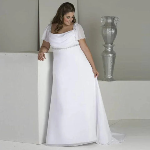Vestido de novia de talla grande con escote cuadrado, mangas cortas, lentejuelas y cuentas, de gasa, para playa 
