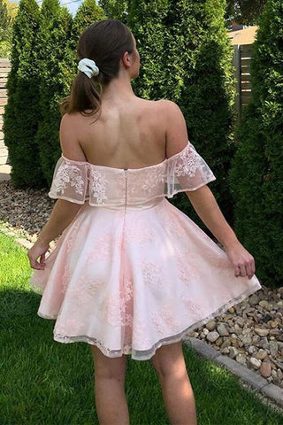 Charming A-line Off Shoulder Lace Homecoming Dress, Short Party Dresses