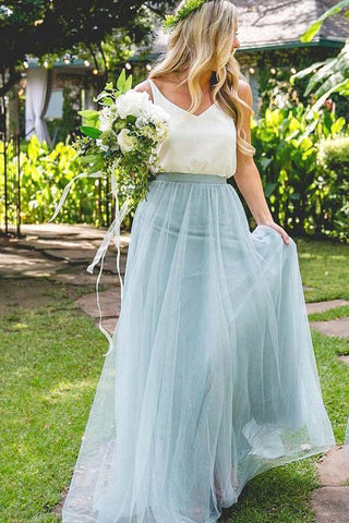 Cheap Light Blue Tulle Two Pieces V-neck Long Bridesmaid Dresses