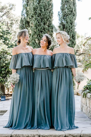 Cheap Long Chiffon Off the Shoulder Slate Mismatched Bridesmaid Dresses