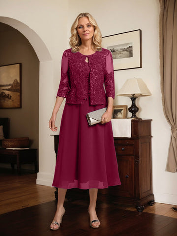 A-line Scoop Tea-Length Lace Chiffon Mother of the Bride Dress With Sequins