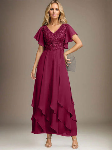 A-line V-Neck Ankle-Length Lace Chiffon Mother of the Bride Dress With Cascading Ruffles