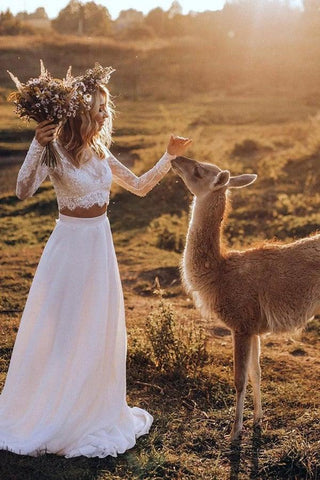 Chiffon Two Pieces Wedding Dresses A-line Long Sleeves Bridal Gown  WD553