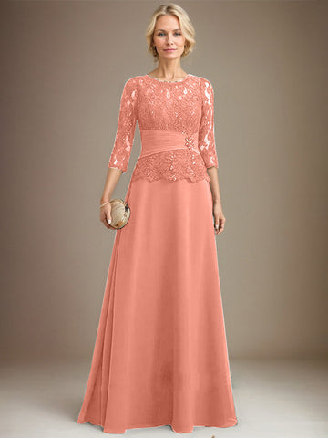 A-line Scoop Illusion Floor-Length Chiffon Lace Mother of the Bride Dress With Pleated Sequins Beading