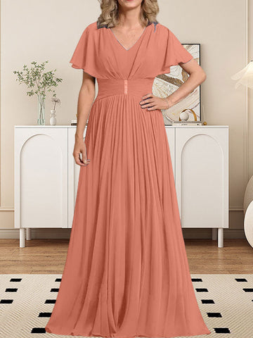 A-line V-Neck Floor-Length Chiffon Mother of the Bride Dress With Crystal Brooch Pleated