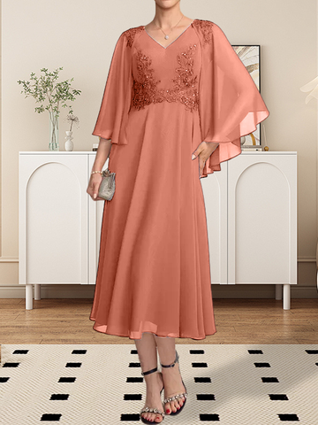A-line V-Neck Tea-Length Chiffon Lace Mother of the Bride Dress With Beading Sequins