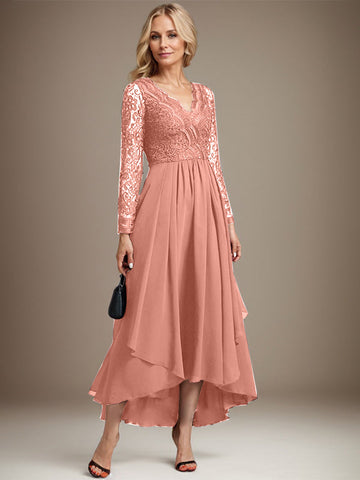 A-line V-Neck Asymmetrical Lace Chiffon Mother of the Bride Dress