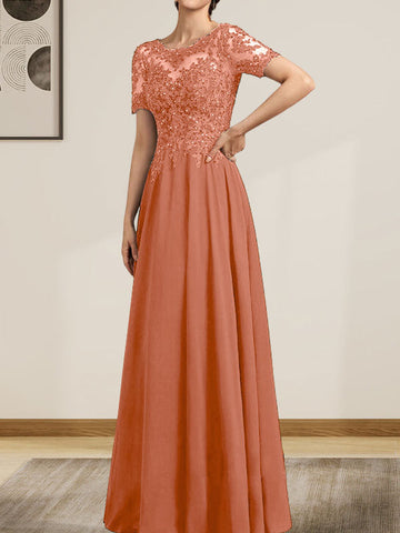 A-line Scoop Illusion Floor-Length Chiffon Lace Mother of the Bride Dress With Sequins Beading