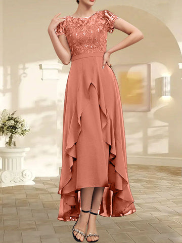A-line Scoop Illusion Asymmetrical Chiffon Lace Mother of the Bride Dress With Bow Ruffle Sequins
