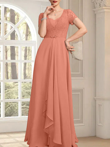 A-line Sweetheart Floor-Length Chiffon Lace Mother of the Bride Dress With Beading Cascading Ruffles