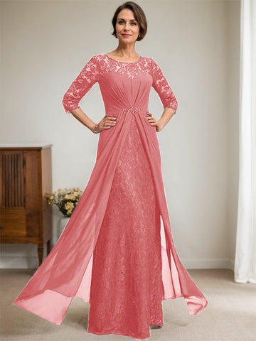 A-Line Scoop Illusion Floor-Length Lace Chiffon Mother Of the Bride Dress With Beading Ruffles