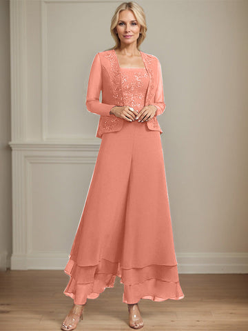 Separates Jumpsuit/Pantsuit Square Ankle-Length Lace Chiffon Mother of the Bride Dress With Sequins