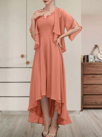 A-line V-Neck Asymmetrical Chiffon Mother of the Bride Dress With Beading Sequins