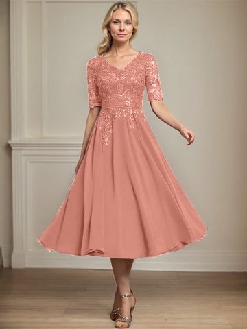 A-line V-Neck Tea-Length Lace Chiffon Mother of the Bride Dress With Sequins