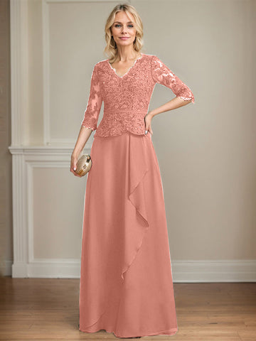 A-line V-Neck Floor-Length Lace Chiffon Mother of the Bride Dress With Cascading Ruffles Sequins