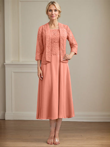 A-line Scoop Tea-Length Lace Chiffon Mother of the Bride Dress