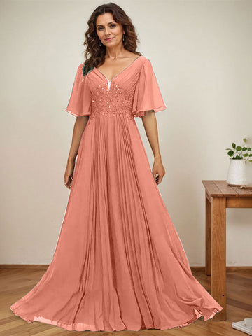 A-line V-Neck Floor-Length Chiffon Mother of the Bride Dress With Sequins Appliques Lace Pleated