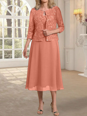 A-line Scoop Tea-Length Lace Chiffon Mother of the Bride Dress With Sequins