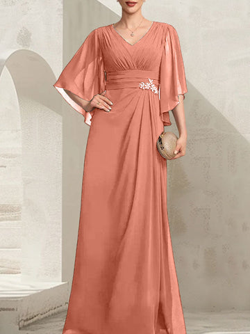 Sheath/Column V-Neck Floor-Length Chiffon Mother of the Bride Dress With Pleated Sequins Beading