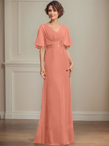 A-line V-Neck Floor-Length Chiffon Mother of the Bride Dress With Pleated Sequins Appliques Lace