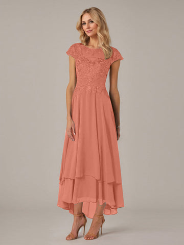 A-line Boat Neck Illusion Asymmetrical Chiffon Lace Mother of the Bride Dress With Applique Pleats