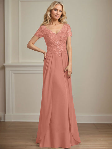 A-line V-Neck Floor-Length Chiffon Lace Mother of the Bride Dress