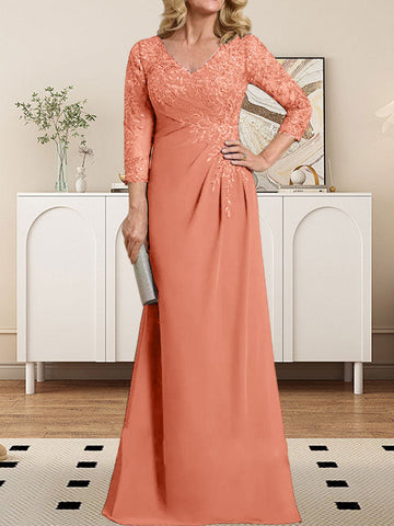 Sheath/Column V-Neck Illusion Floor-Length Lace Chiffon Mother of the Bride Dress With Pleated Sequins