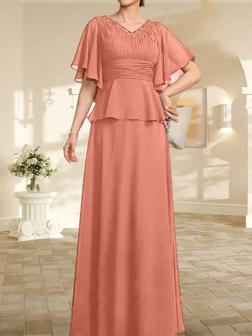 A-line V-Neck Floor-Length Chiffon Mother of the Bride Dress With Pleated Beading
