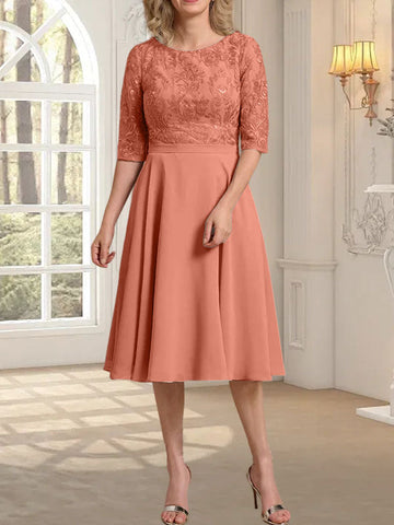 A-line Scoop Knee-Length Lace Chiffon Mother of the Bride Dress