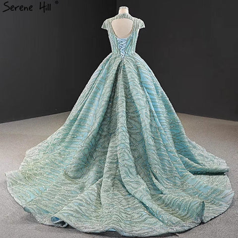 Clear Water Blue High Collar Evening Dresses 2025 Short Sleeve Lace Sequined Bridal Gowns Design Real Photo HM66981