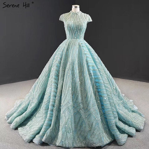 Clear Water Blue High Collar Evening Dresses 2025 Short Sleeve Lace Sequined Bridal Gowns Design Real Photo HM66981