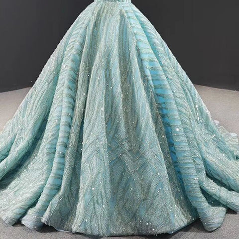 Clear Water Blue High Collar Evening Dresses 2025 Short Sleeve Lace Sequined Bridal Gowns Design Real Photo HM66981