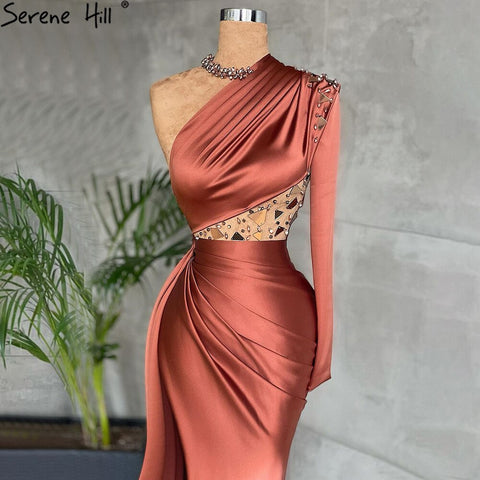 Coffee Mermaid High Split Satin Evening Dresses Gowns 2025 Elegant One Shoulder For Women Party LA71285