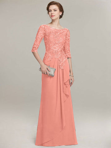 A-line Scoop Illusion Floor-Length Lace Chiffon Mother of the Bride Dress With Cascading Ruffles